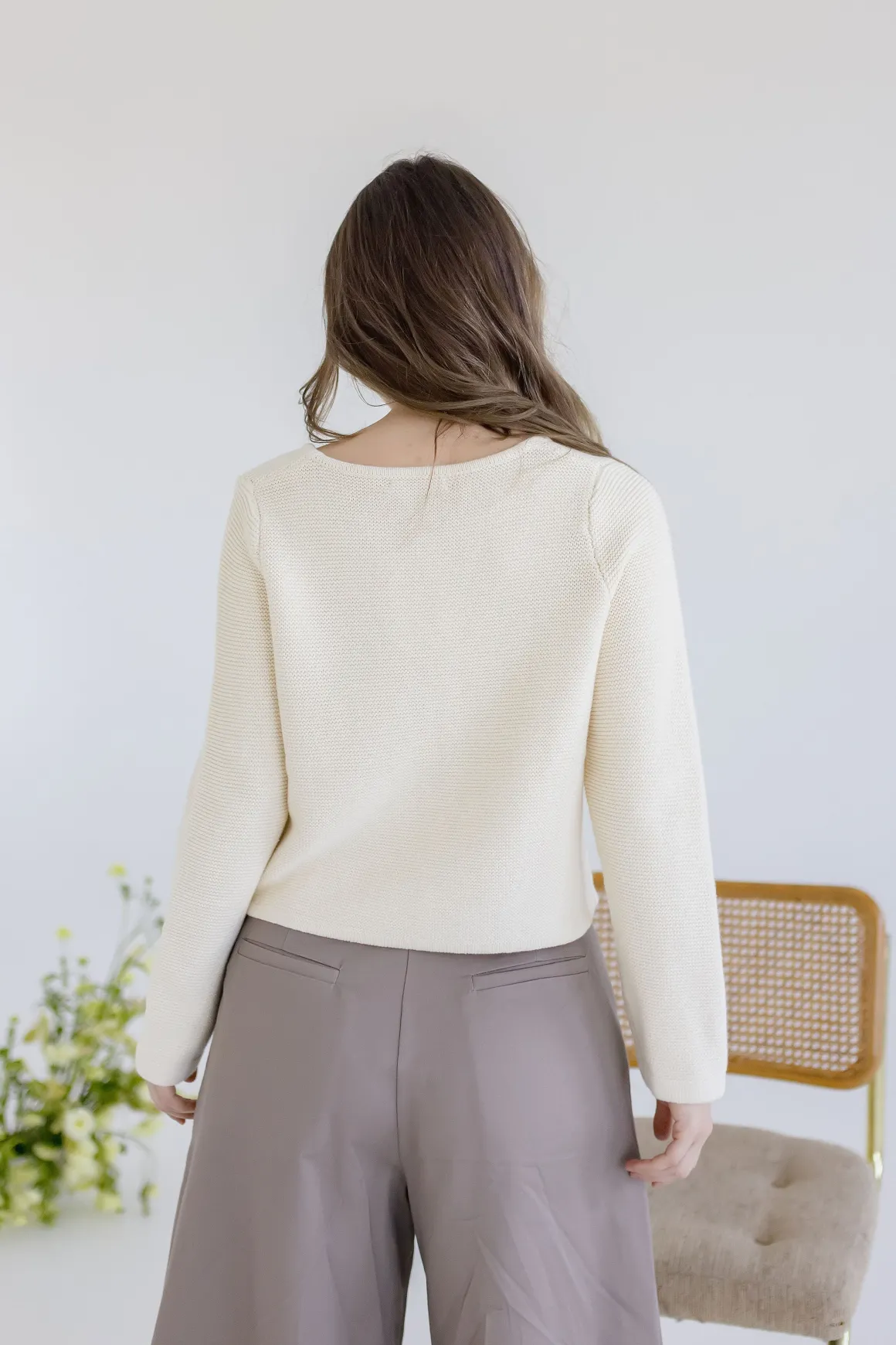 Joelle Long Sleeve Bow Tie Knit Cardigan Sweater Beige