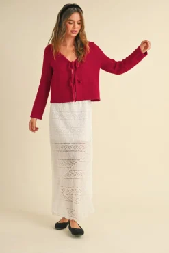 Joelle Long Sleeve Bow Tie Knit Cardigan Sweater Red