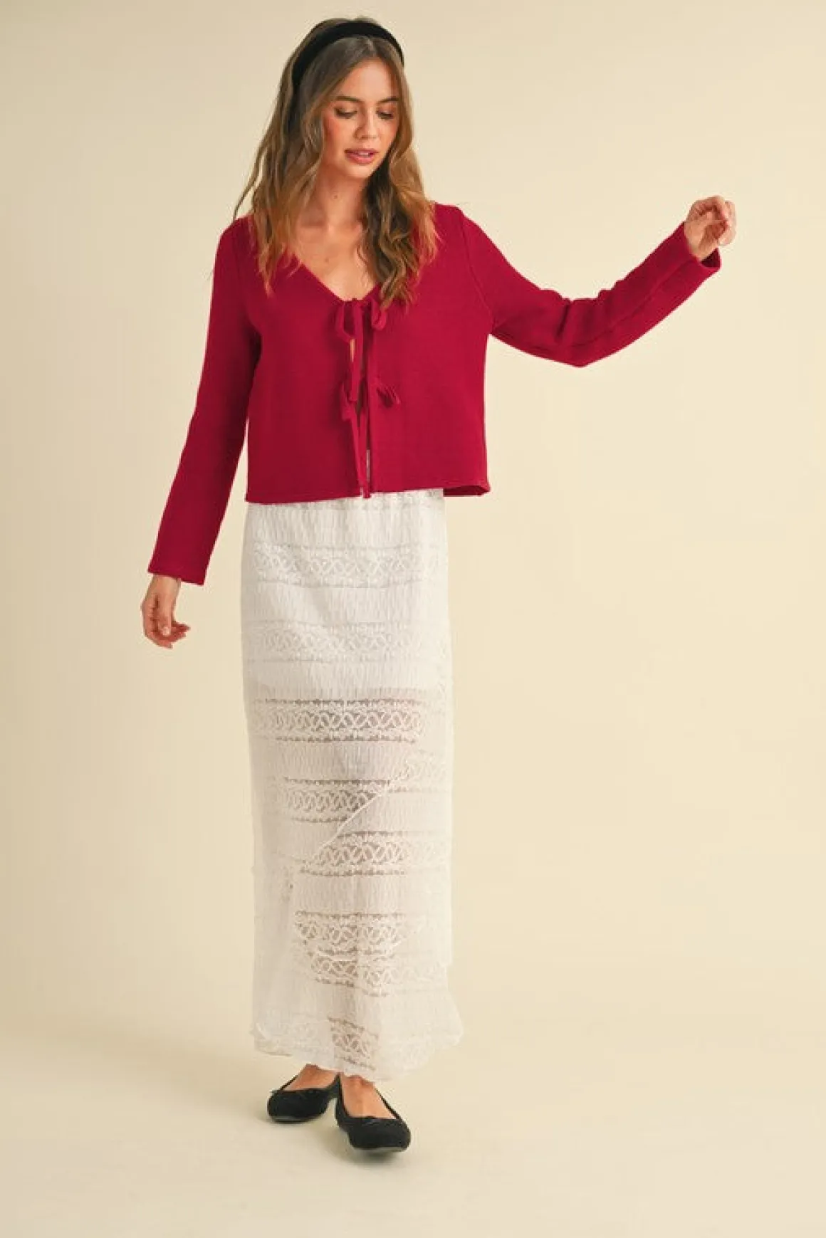 Joelle Long Sleeve Bow Tie Knit Cardigan Sweater Red