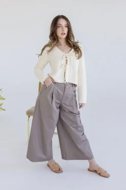 Joelle Long Sleeve Bow Tie Knit Cardigan Sweater Beige