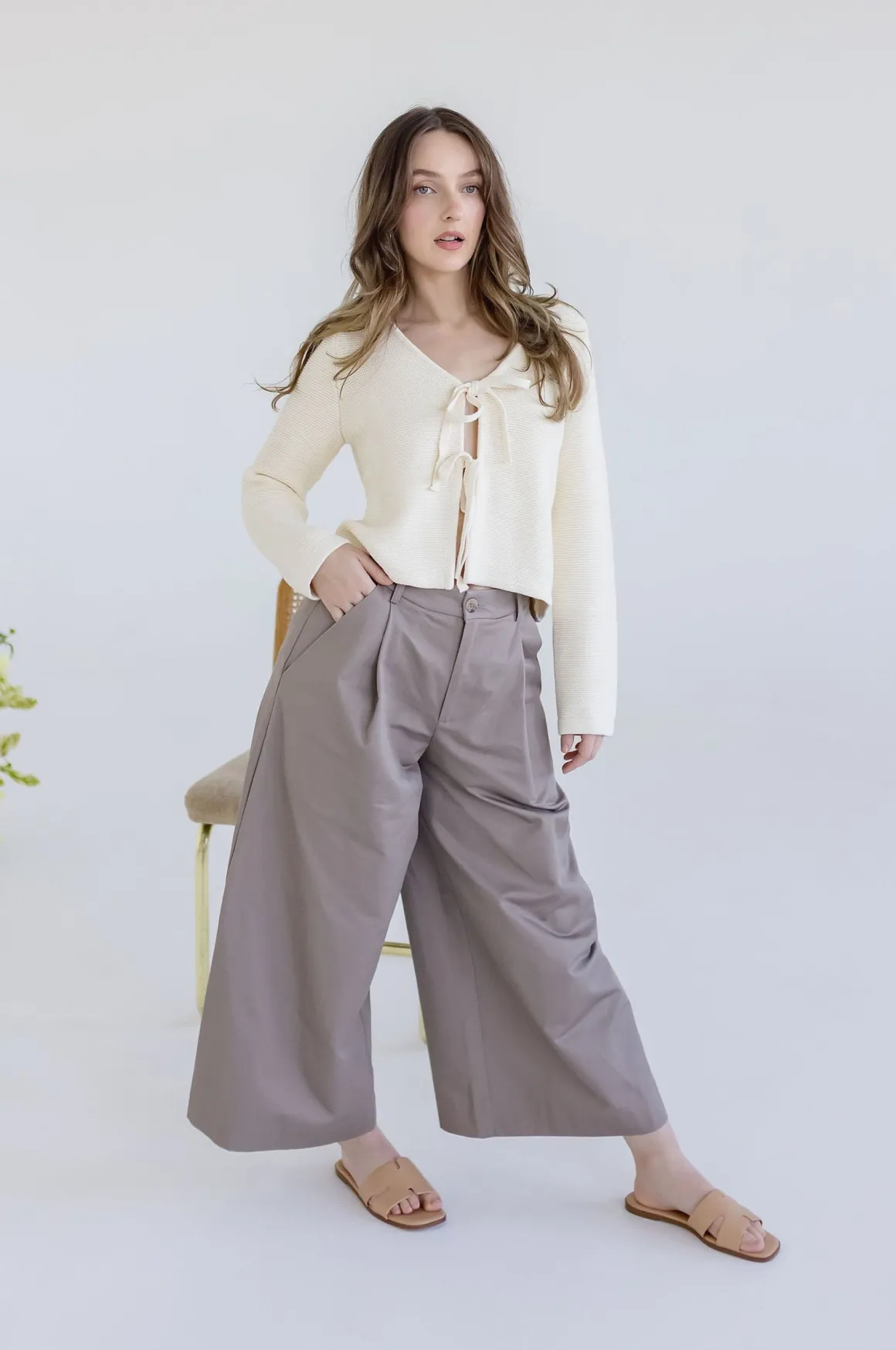 Joelle Long Sleeve Bow Tie Knit Cardigan Sweater Beige