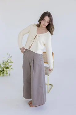 Joelle Long Sleeve Bow Tie Knit Cardigan Sweater Beige