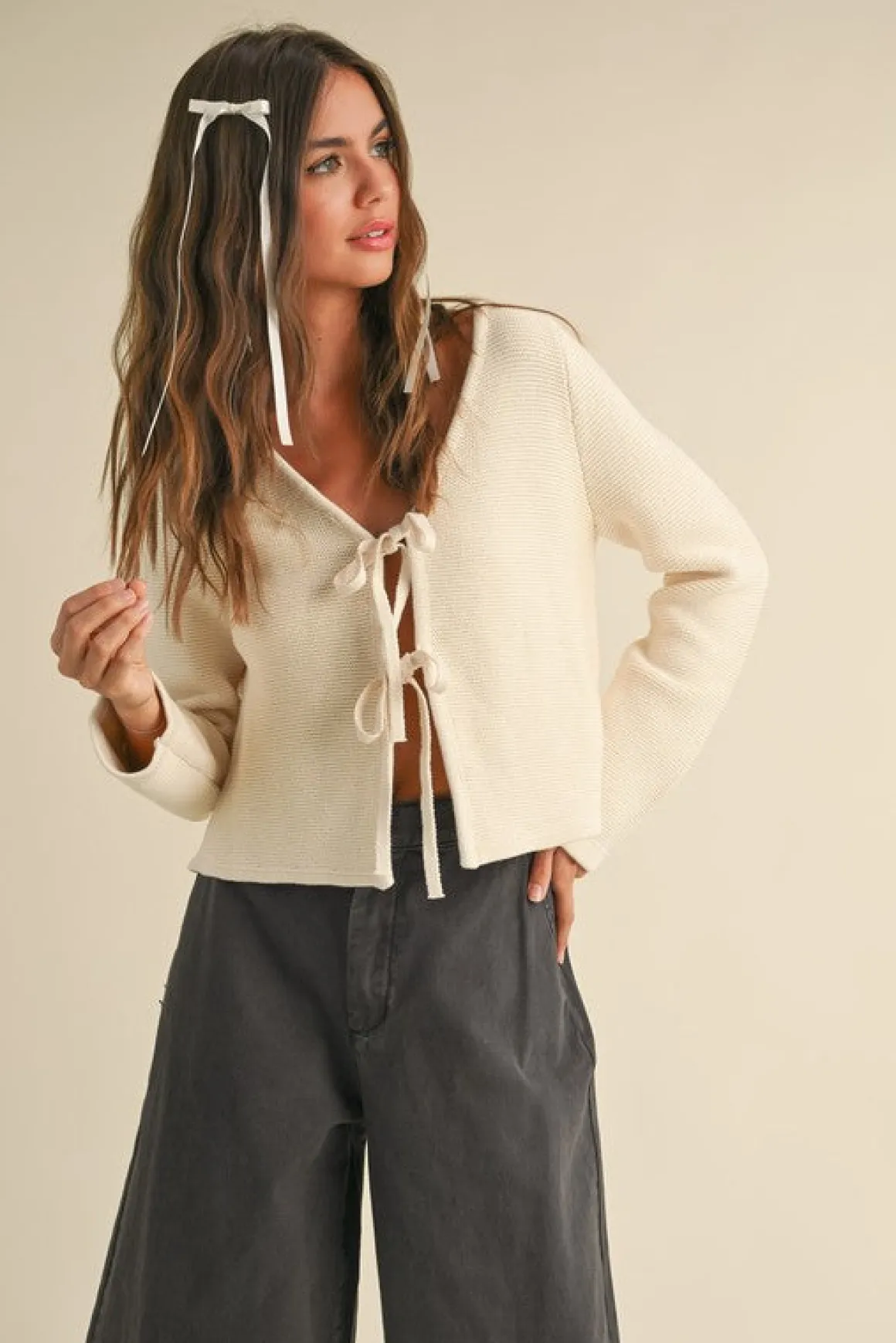 Joelle Long Sleeve Bow Tie Knit Cardigan Sweater Beige