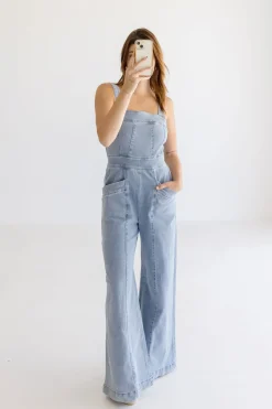 Joey Sleeveless Wide Leg Denim Jumpsuit Light Wash