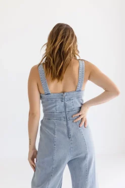 Joey Sleeveless Wide Leg Denim Jumpsuit Light Wash