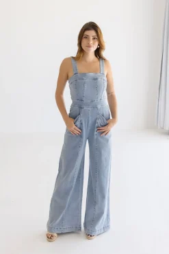 Joey Sleeveless Wide Leg Denim Jumpsuit Light Wash