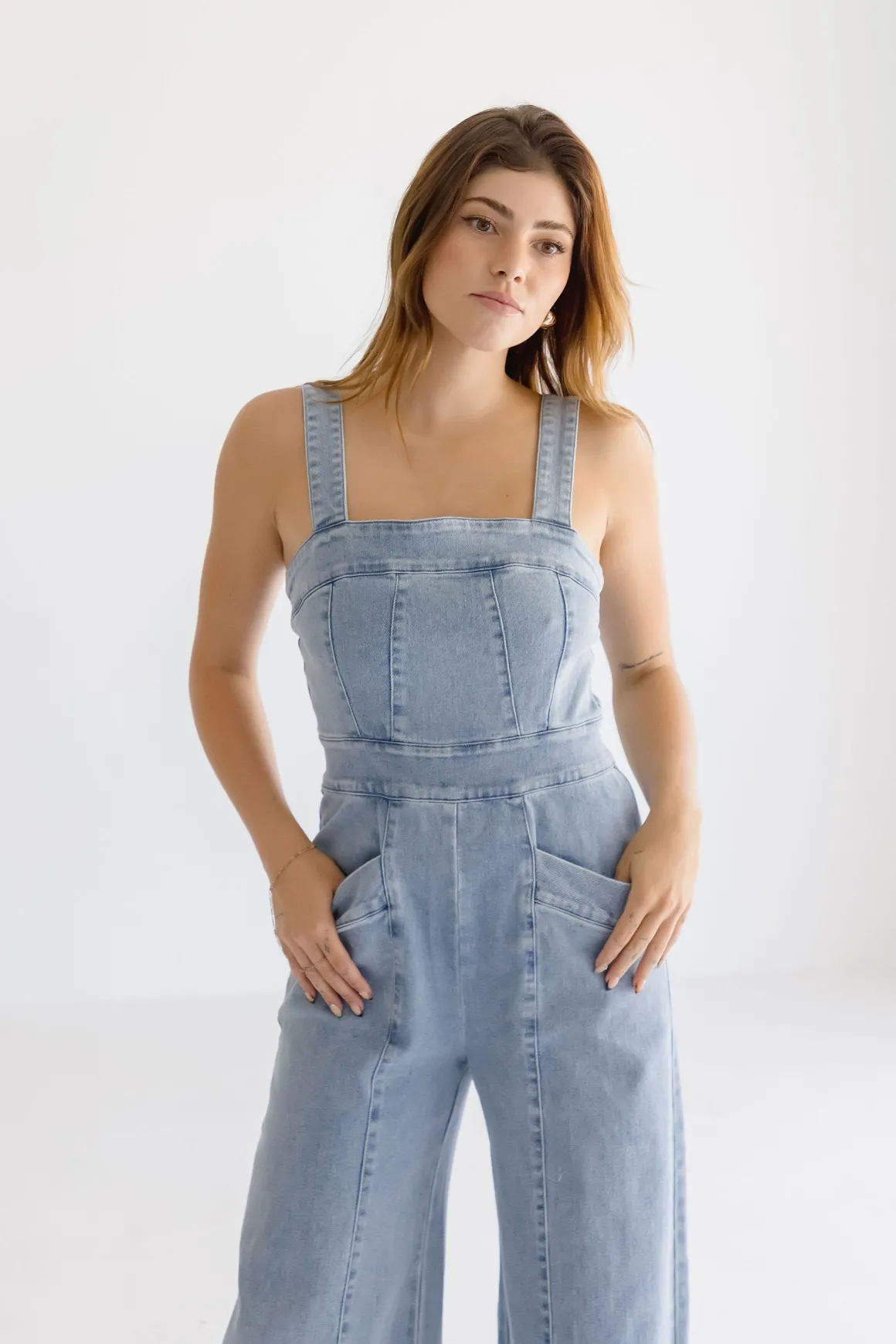 Joey Sleeveless Wide Leg Denim Jumpsuit Light Wash