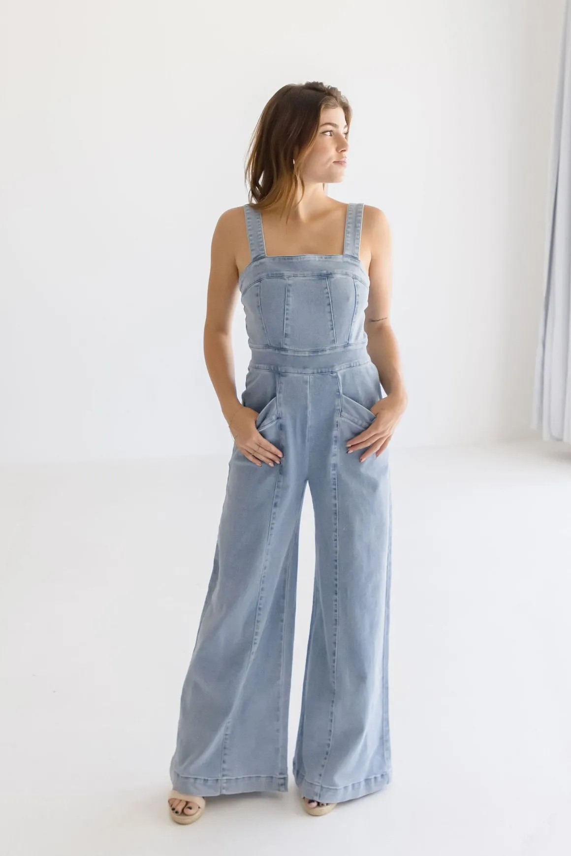 Joey Sleeveless Wide Leg Denim Jumpsuit Light Wash