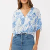 Jolene Short Sleeve Button Down Floral Print Top Blue