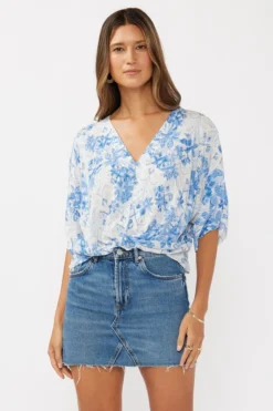 Jolene Short Sleeve Button Down Floral Print Top Blue