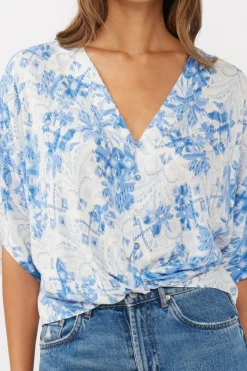 Jolene Short Sleeve Button Down Floral Print Top Blue