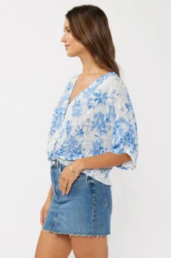 Jolene Short Sleeve Button Down Floral Print Top Blue
