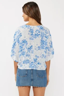 Jolene Short Sleeve Button Down Floral Print Top Blue