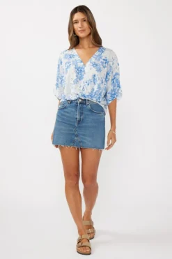 Jolene Short Sleeve Button Down Floral Print Top Blue