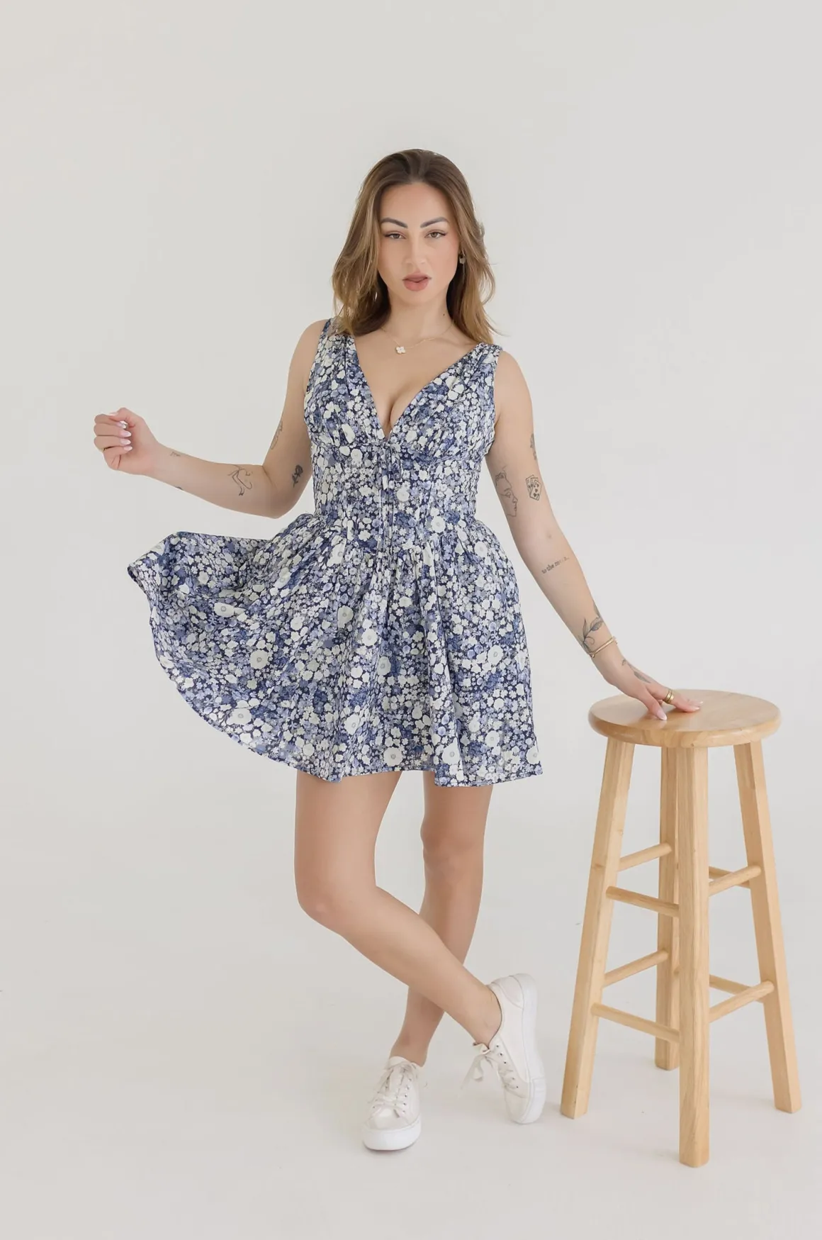 Jolie Sleeveless Corset Floral Print Mini Dress Navy