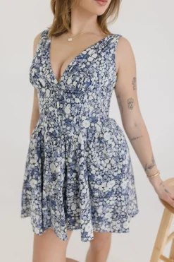 Jolie Sleeveless Corset Floral Print Mini Dress Navy