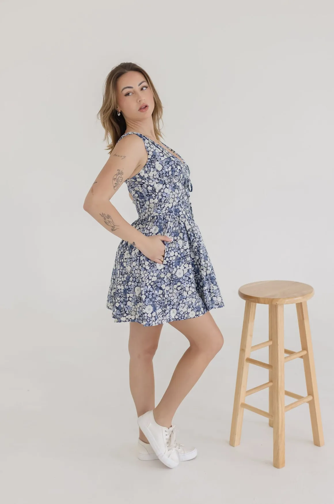Jolie Sleeveless Corset Floral Print Mini Dress Navy