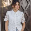 Jordyn Short Sleeve Button Down Floral Lace Top White