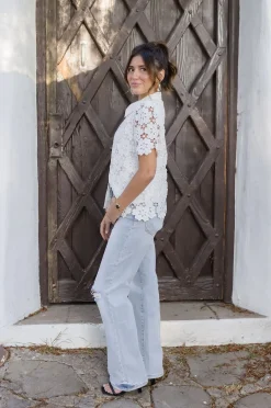 Jordyn Short Sleeve Button Down Floral Lace Top White