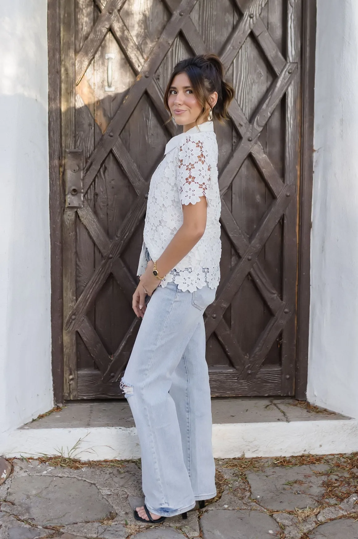 Jordyn Short Sleeve Button Down Floral Lace Top White