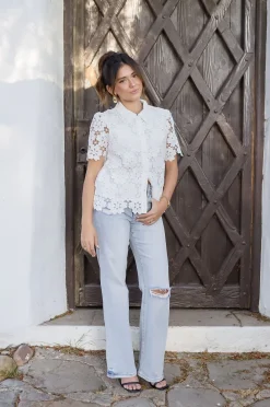 Jordyn Short Sleeve Button Down Floral Lace Top White