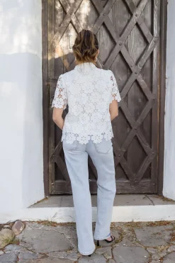 Jordyn Short Sleeve Button Down Floral Lace Top White