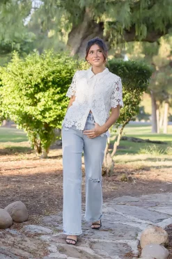 Jordyn Short Sleeve Button Down Floral Lace Top White