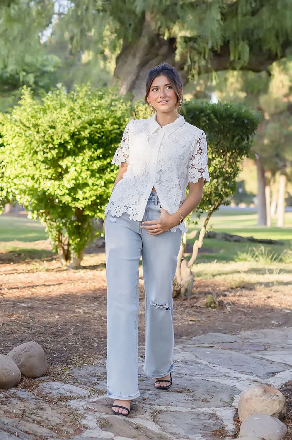 Jordyn Short Sleeve Button Down Floral Lace Top White