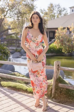 Josephine Sleeveless Floral Print Satin Slip Midi Dress Pink