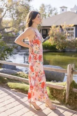 Josephine Sleeveless Floral Print Satin Slip Midi Dress Pink