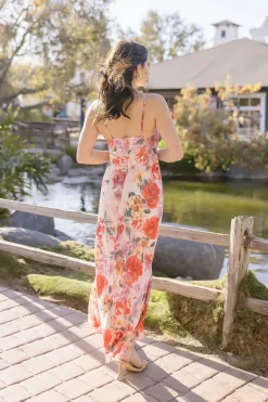 Josephine Sleeveless Floral Print Satin Slip Midi Dress Pink