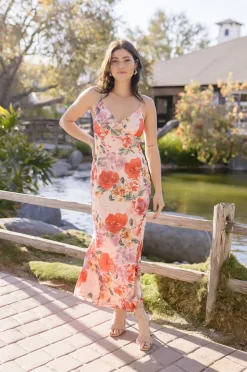 Josephine Sleeveless Floral Print Satin Slip Midi Dress Pink