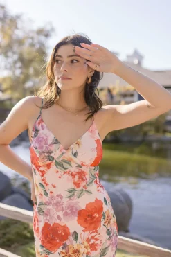 Josephine Sleeveless Floral Print Satin Slip Midi Dress Pink