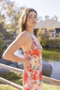 Josephine Sleeveless Floral Print Satin Slip Midi Dress Pink