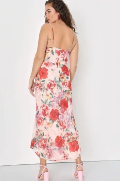 Josephine Sleeveless Floral Print Satin Slip Midi Dress Pink