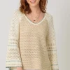 Joslin Long Bell Sleeve Crochet Knit Sweater Top Taupe