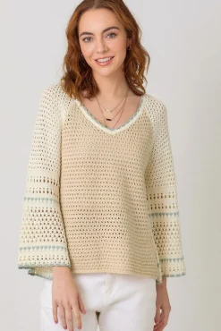 Joslin Long Bell Sleeve Crochet Knit Sweater Top Taupe