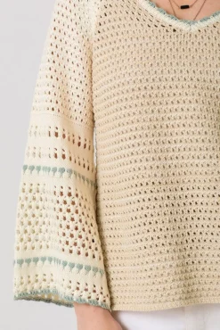 Joslin Long Bell Sleeve Crochet Knit Sweater Top Taupe