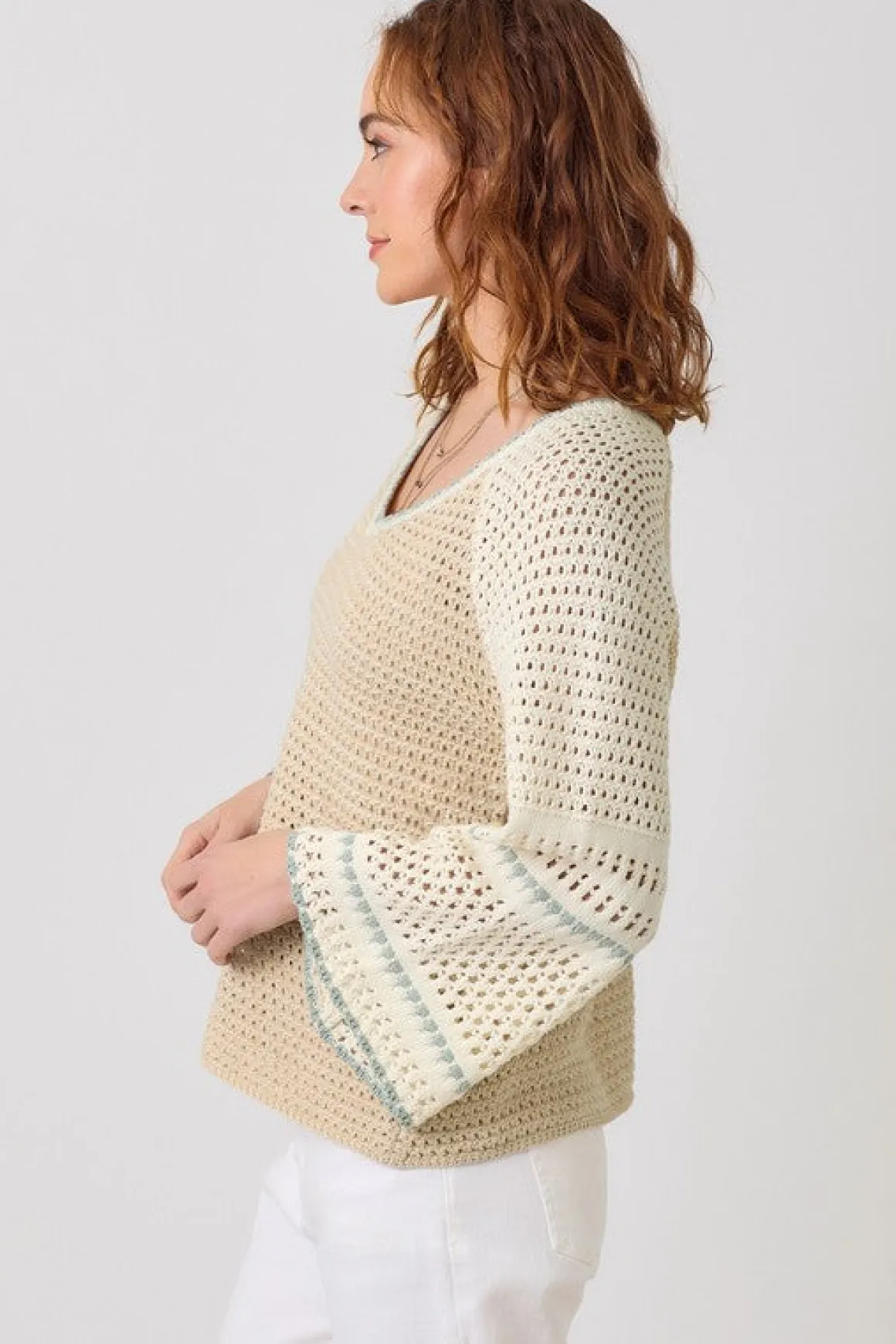 Joslin Long Bell Sleeve Crochet Knit Sweater Top Taupe
