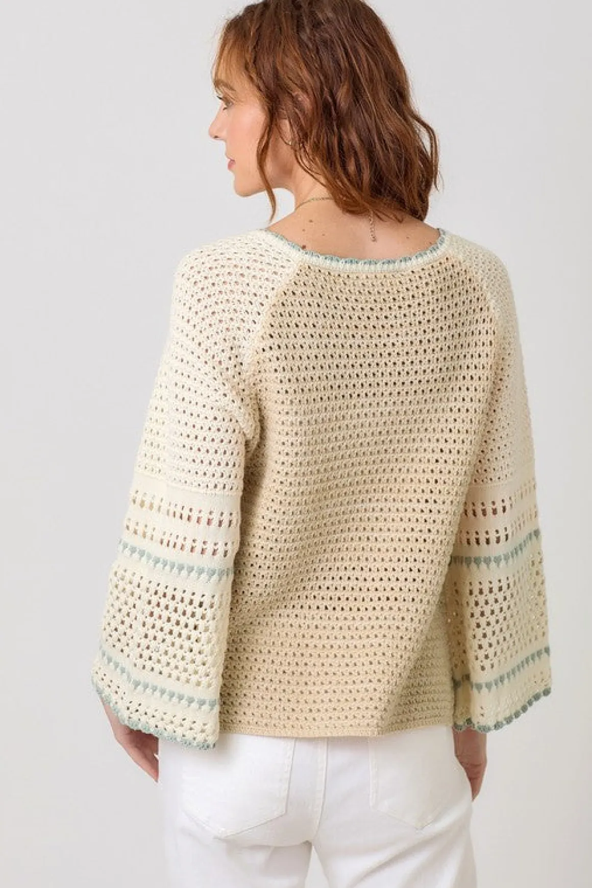 Joslin Long Bell Sleeve Crochet Knit Sweater Top Taupe