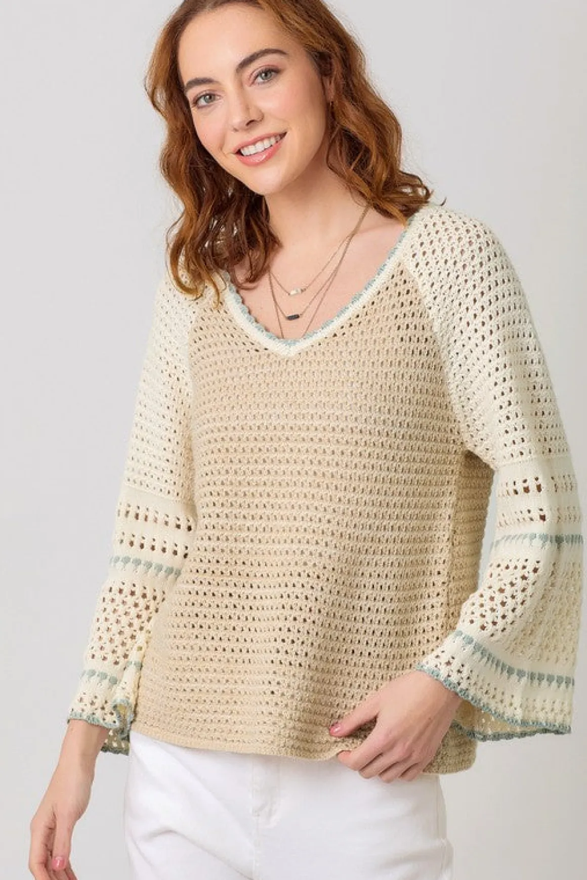 Joslin Long Bell Sleeve Crochet Knit Sweater Top Taupe