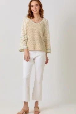 Joslin Long Bell Sleeve Crochet Knit Sweater Top Taupe