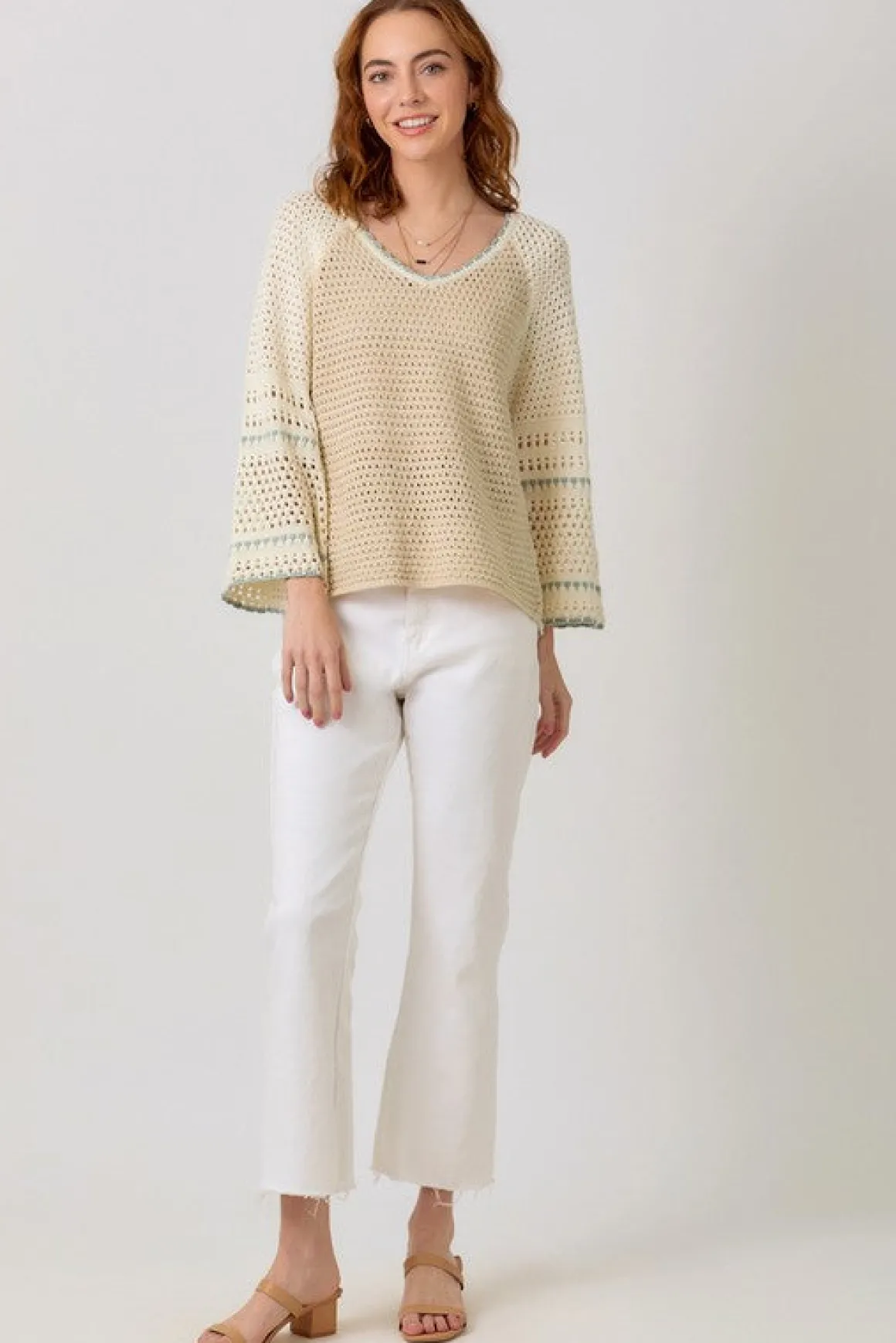 Joslin Long Bell Sleeve Crochet Knit Sweater Top Taupe