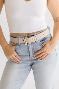 Julia Square Metal Buckle Vegan Leather Belt Taupe