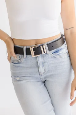 Julia Square Metal Buckle Vegan Leather Belt Black