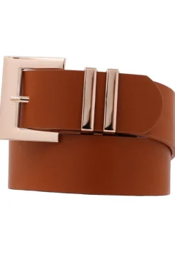 Julia Square Metal Buckle Vegan Leather Belt Cognac