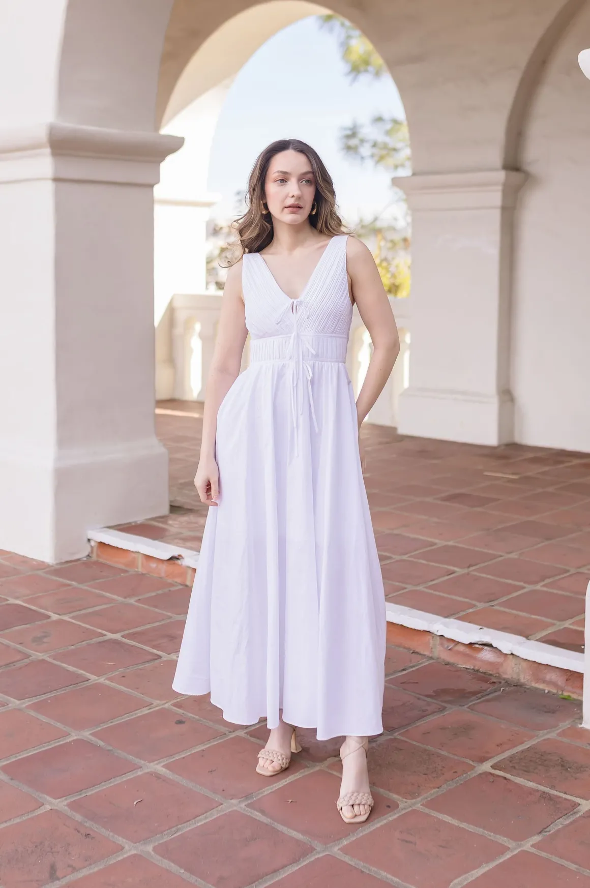 Julianne Sleeveless Pleated Front Tie Maxi Dress White