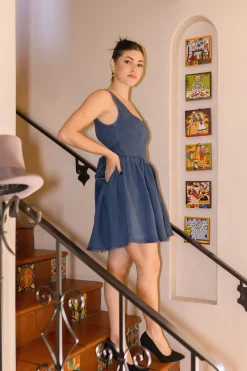 Kali Sleeveless Back Tie Flared Denim Mini Dress Dark Wash