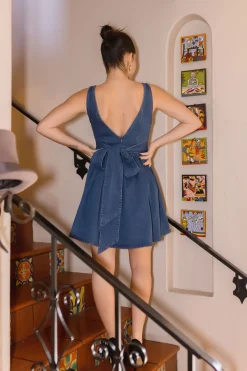 Kali Sleeveless Back Tie Flared Denim Mini Dress Dark Wash