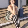Kara Strapless Stripe Print Knit Maxi Dress Black